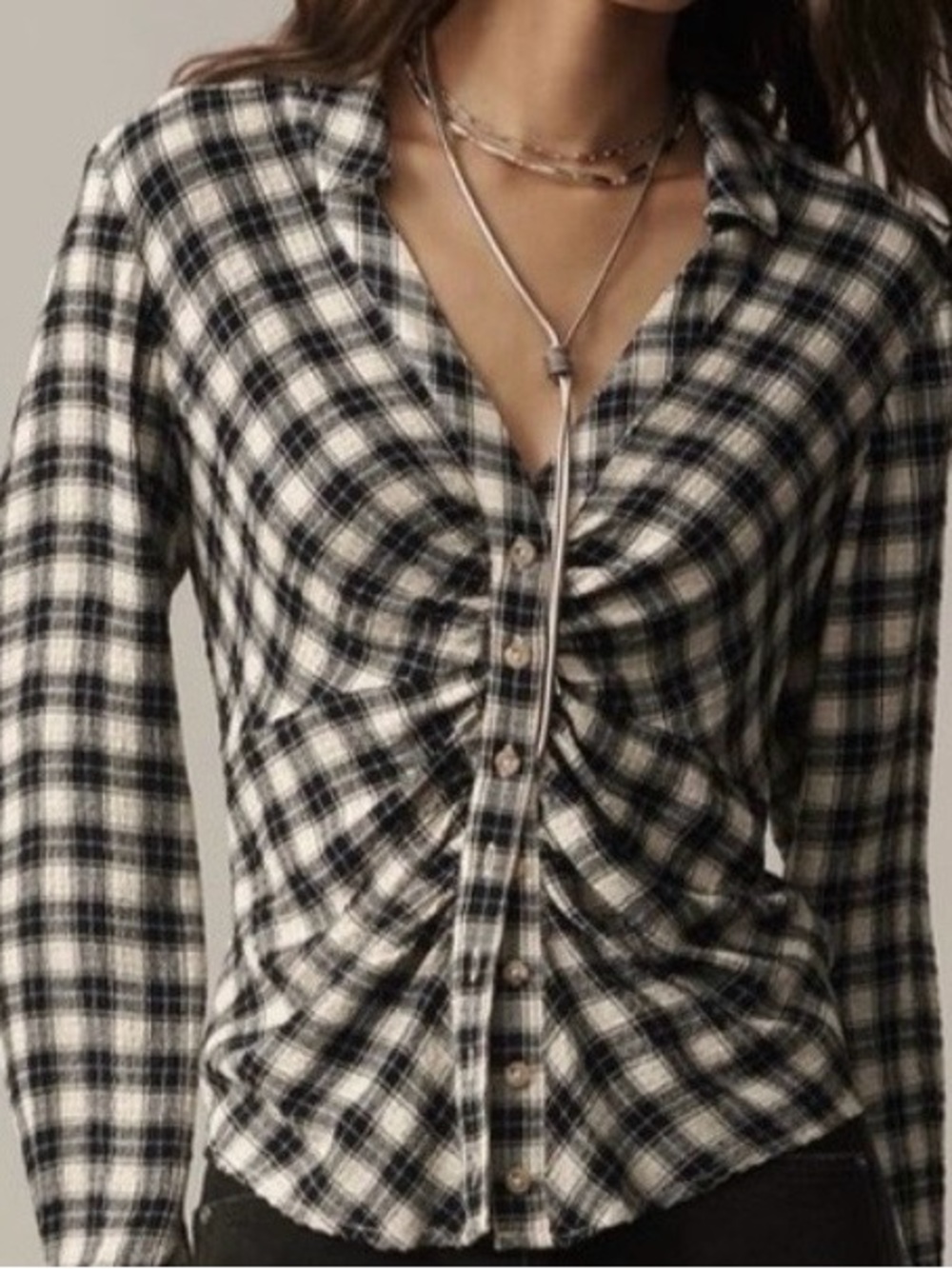 Pilcro Plaid Ruched Button-Front Women's Top - Black & White
